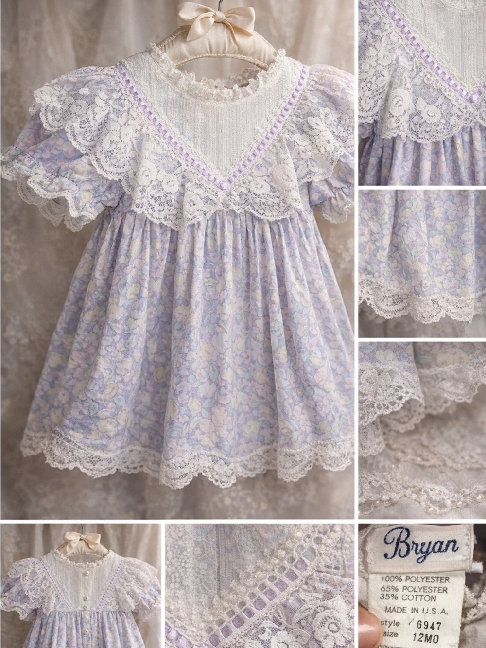 SPECIAL Vintage 12M Lavender Floral Lace Easter Heirloom Dress Frilly HTF